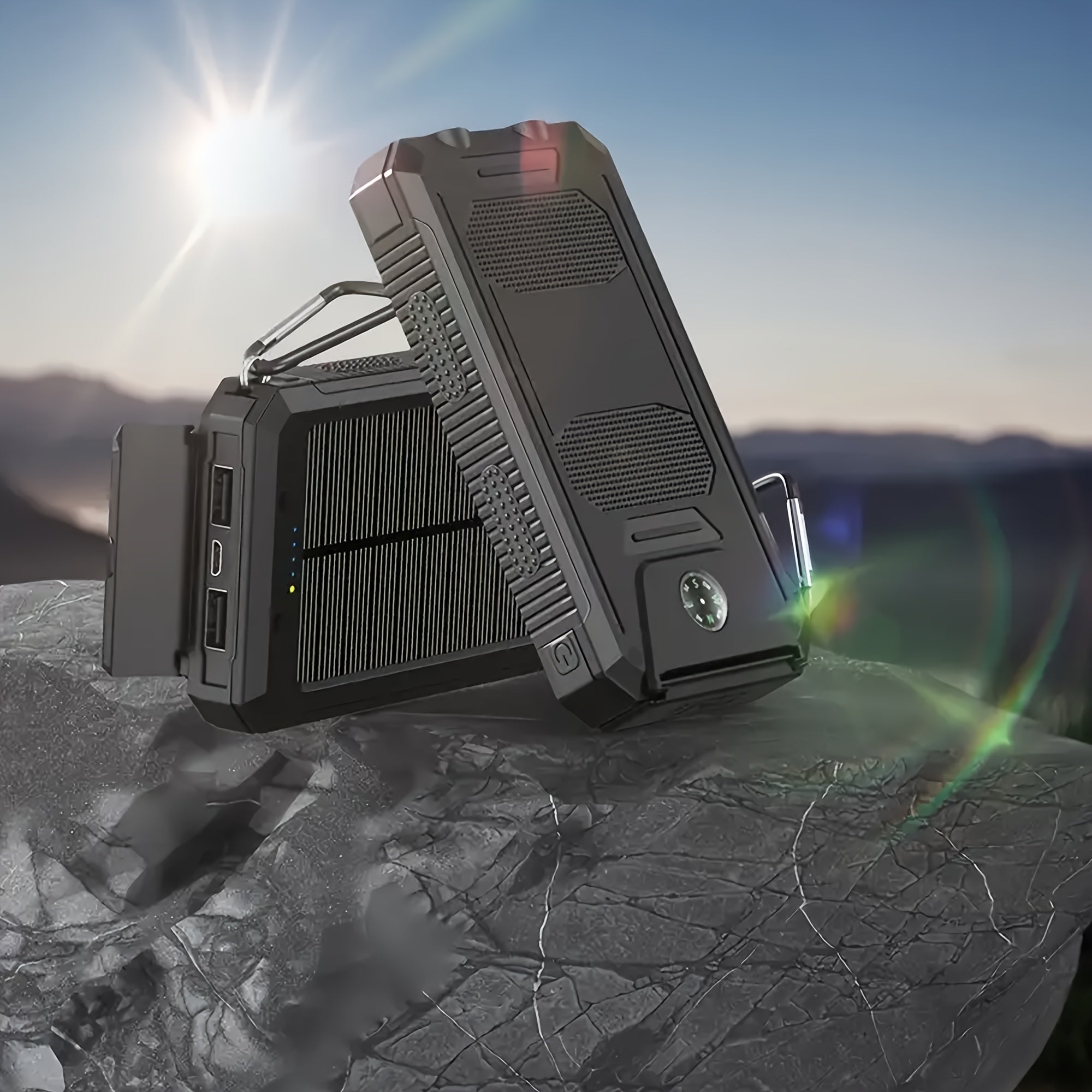 Portable Solar Mobile Phone Charger, Camping External Battery Charger for Mobile Phones, 2 USB/ LED Flashlights with Compass for Outdoor Activities, Portable Solar Power Bank, Solar Battery, Portable Charger Power Bank, Solar