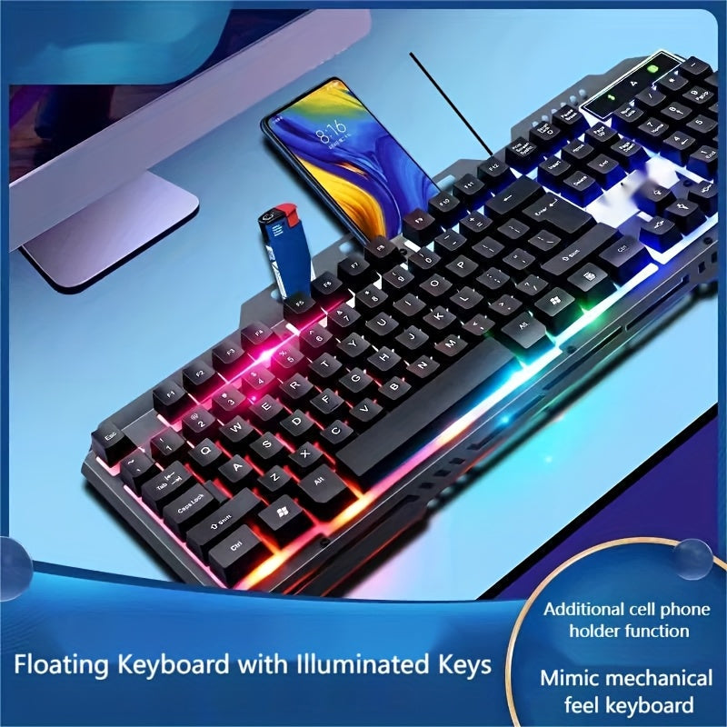 Ergonomic Gaming Keyboard - Wired, Faux Mechanical Feel, LED Color Backlight, USB Connection, 104 Keys Full Metal Panel, Multimedia Knob And Laptop Phone Holder Gift for Your Family Boyfriend