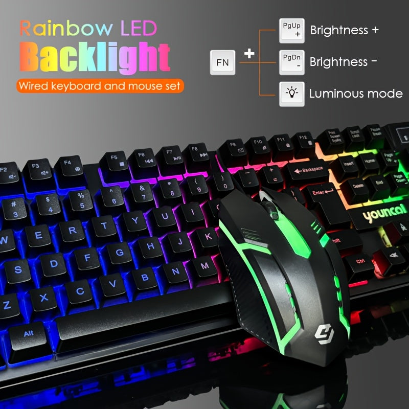 [Rainbow Backlit Gaming Set] Rainbow Backlit Wired Gaming Keyboard and Mouse Set | 19-Key Rollover, Adjustable Brightness, 2 Lighting Modes, Ergonomic Design, Hotkeys, Media Keys, USB Powered, No Battery, for Home Entertainme