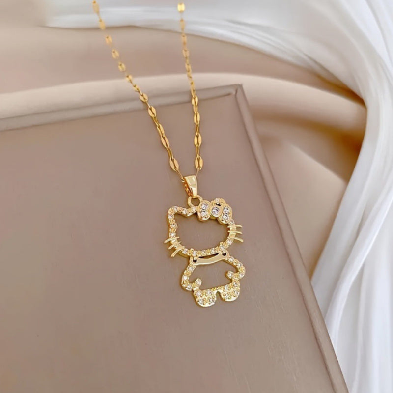 [Hello Kitty Charm Necklace] Sanrio for hello kitty Charm Necklace - Elegant Titanium Steel Lockbone Chain with Sparkling Cubic Zirconia Pendants, Perfect for Daily Wear & Special Occasions, Ideal Valentine's Day Gift, Casual