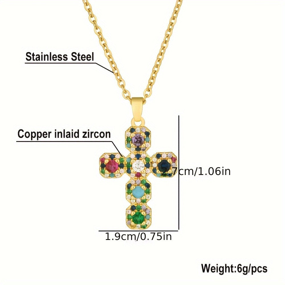 Colorful Inlaid Cubic Zirconia Cross Necklace