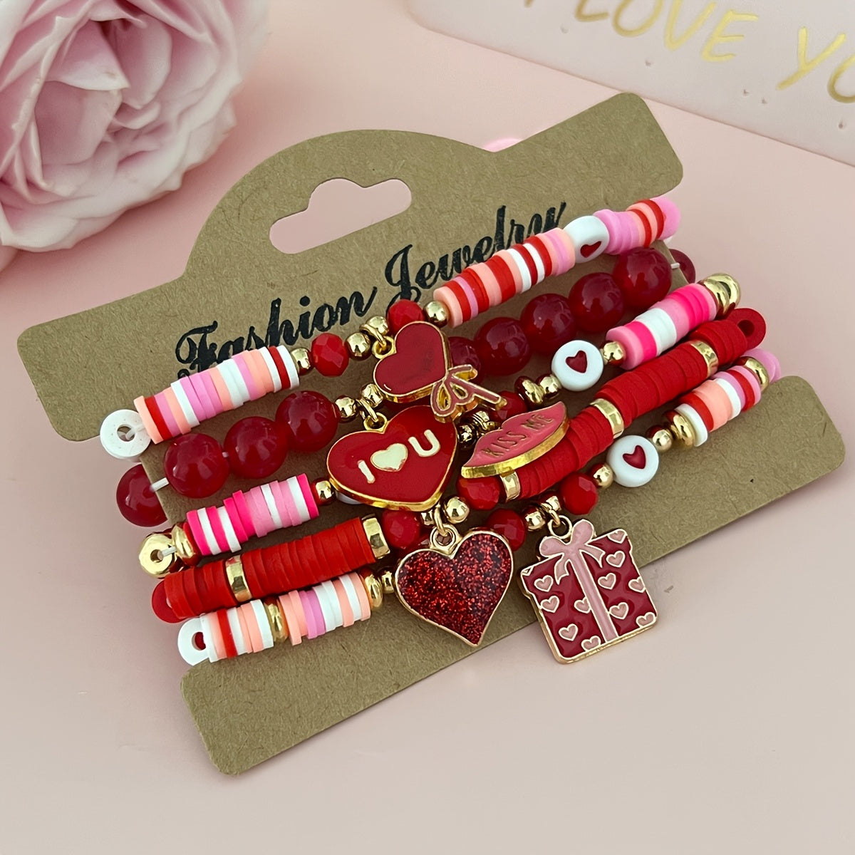 5pcs Valentine's Day Soft Clay Bead & Heart Charm Bracelets Compatible for Couples - Elastic Stretch Beads, Love Token Gift, Everyday (No Metal, Year-Round Wear)