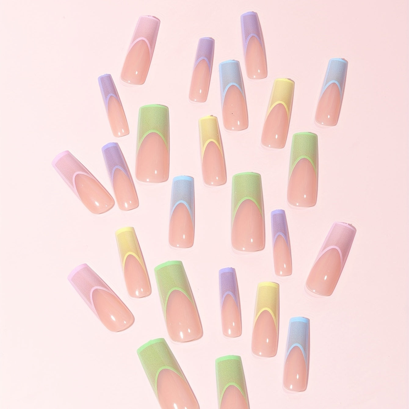 24 Long Coffin-Shaped Glossy Multicolored French ABS Full Cover Fake Nails with 1 Nail File And 1 Jelly Glue.