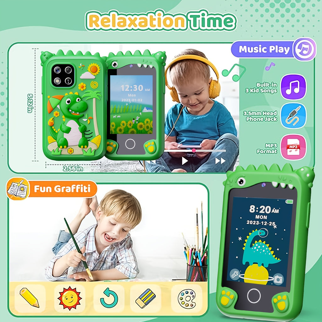 [Birthday/Christmas Gift] Kids Smart Phone with Touchscreen & Dual - Educational Learning Tablet, Compatible with 8GB SD Card, Charging, Parental Control - Birthday/Christmas Gift for Boys & Girls Ages 3-10 - Green Dinosaur D