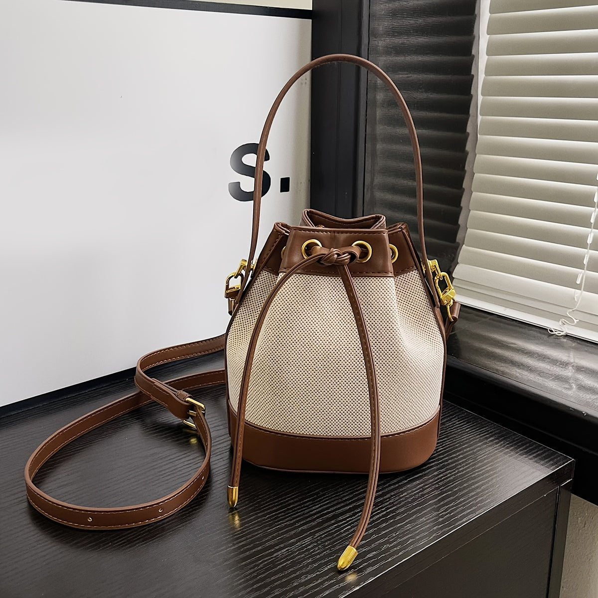 Wo 's Bucket Bag with Braided Rope Closure - Beige & Brown Casual Handbag, Detachable Strap for Shoulder   or Hand Carry, Spacious Everyday Tote for Work & Outings