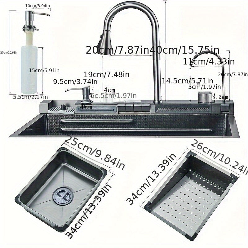 Digital Display Waterfall Sink, Single Bowl Kitchen Sinks, Stainless Steel Bar Sink With Pull Down Sprayhead Faucet, Smart Modern Kitchen Sink, Full Set Of Accessories, Gun Gray & Brushed Golden, 1 Set