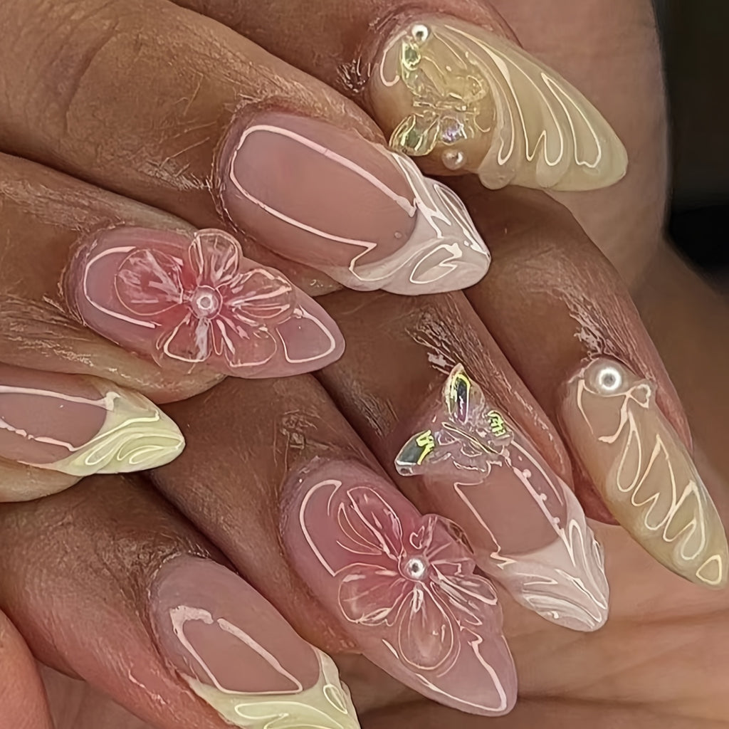 24pcs Almond-Shaped False Nails Set, Sweet French-Style Elegant Spiral 3D Cute Butterfly Delicate Flower Design, Suitable for All Women and, Includes Nail File and Jelly Glue for Easy Application, Diy Nail Design, Elegant Fre