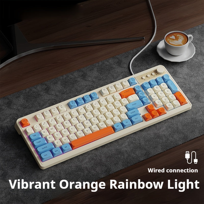 [Wired Gaming Keyboard] EWEADN Wired Gaming Keyboard with Rainbow Backlit, Portable Black Keyboard for Office-98 Keys, Computer External Keyboards Ergonomic Design, with Multimedia Knob, Ball Keycaps, for Gamers and Office, C