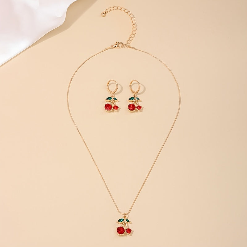 [Birthday Gift, Holiday Gift] 1 Set of New Sweet And Cute Style Red Cherry Pendant Necklace And Earrings Set, Suitable for Daily Wear And Vacation, Birthday Gift, Holiday Gift, The Best Gift for Girlfriend And