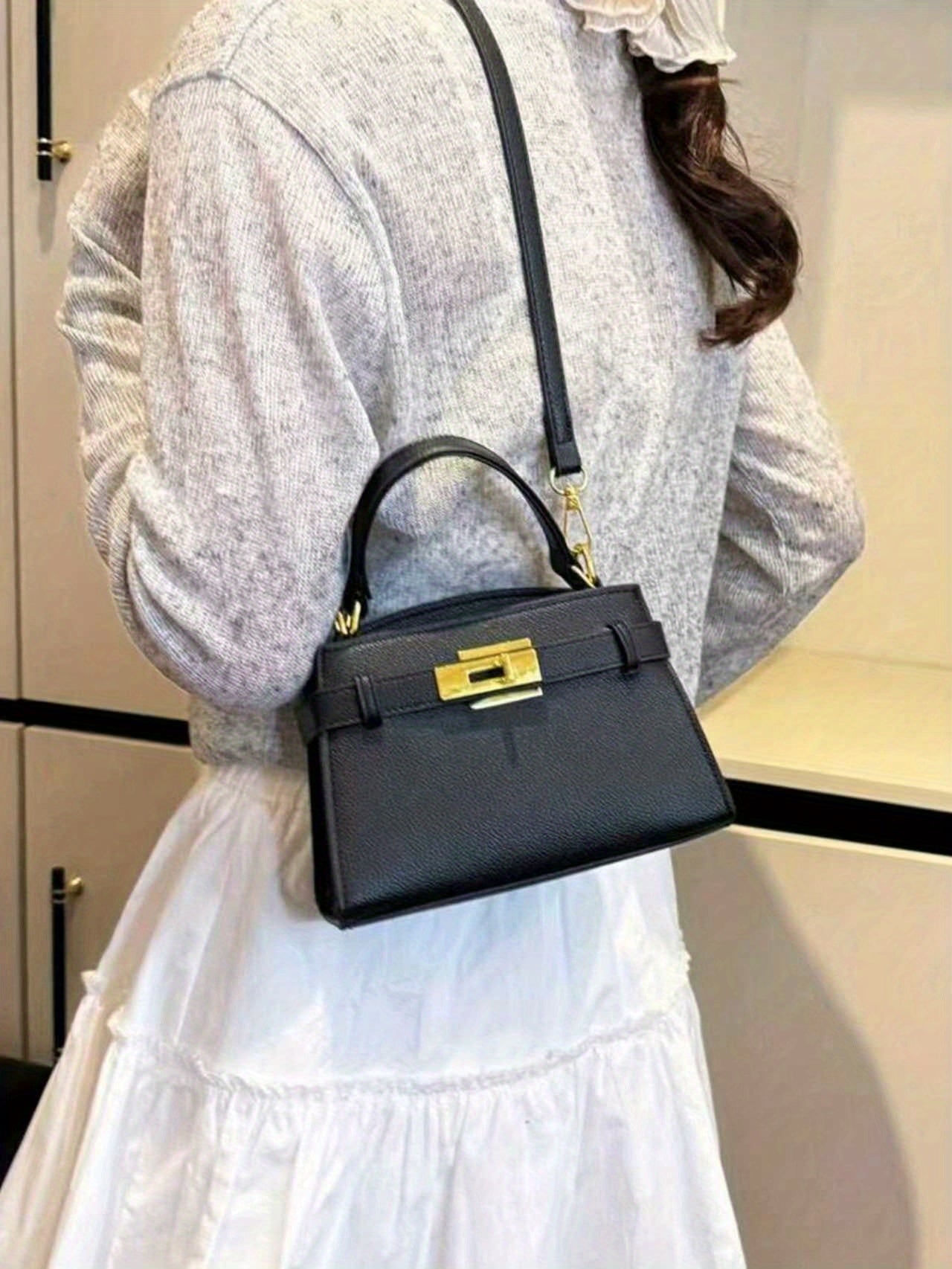 Women'S Elegant Business Casual Handbag - Structured Tote with Golden-Tone Hardware & Buckle Closure, Structured Crossbody Bag with Golden-Tone Hardware, Durable & Easy-clean Design For Office, Work, Travel - Perfect Mother'S