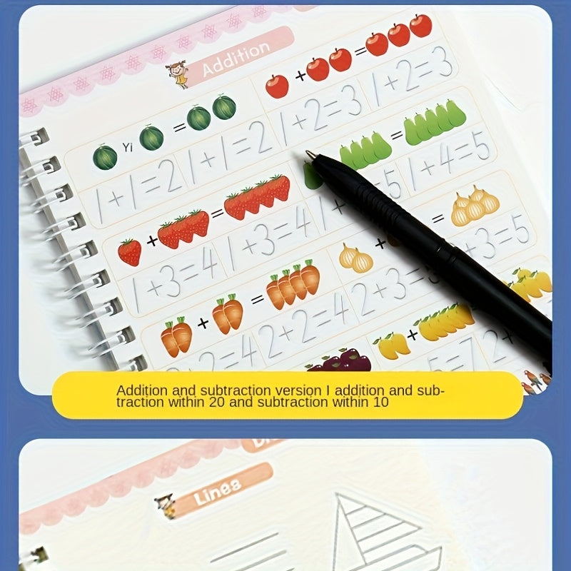 Book Set of 4 Books + 5 Refills + 1 Pen Holder: Groove Practice Magic Stickers, Calligraphy Practice Word Stickers, Writing Book, Enlightenment, Beginner Repetitive Writing, Handwriting Disappears