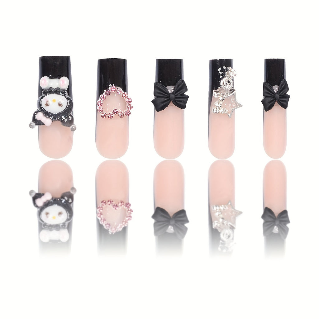 24pcs Long Coffin Nail Stickers Sanrio Black French Cute 3D Rhinestone Pink Heart Bow Silvery Star Charm Fake Nails Set with Jelly Glue and Scraper, Suitable for Daily Use, Parties, and Gatherings