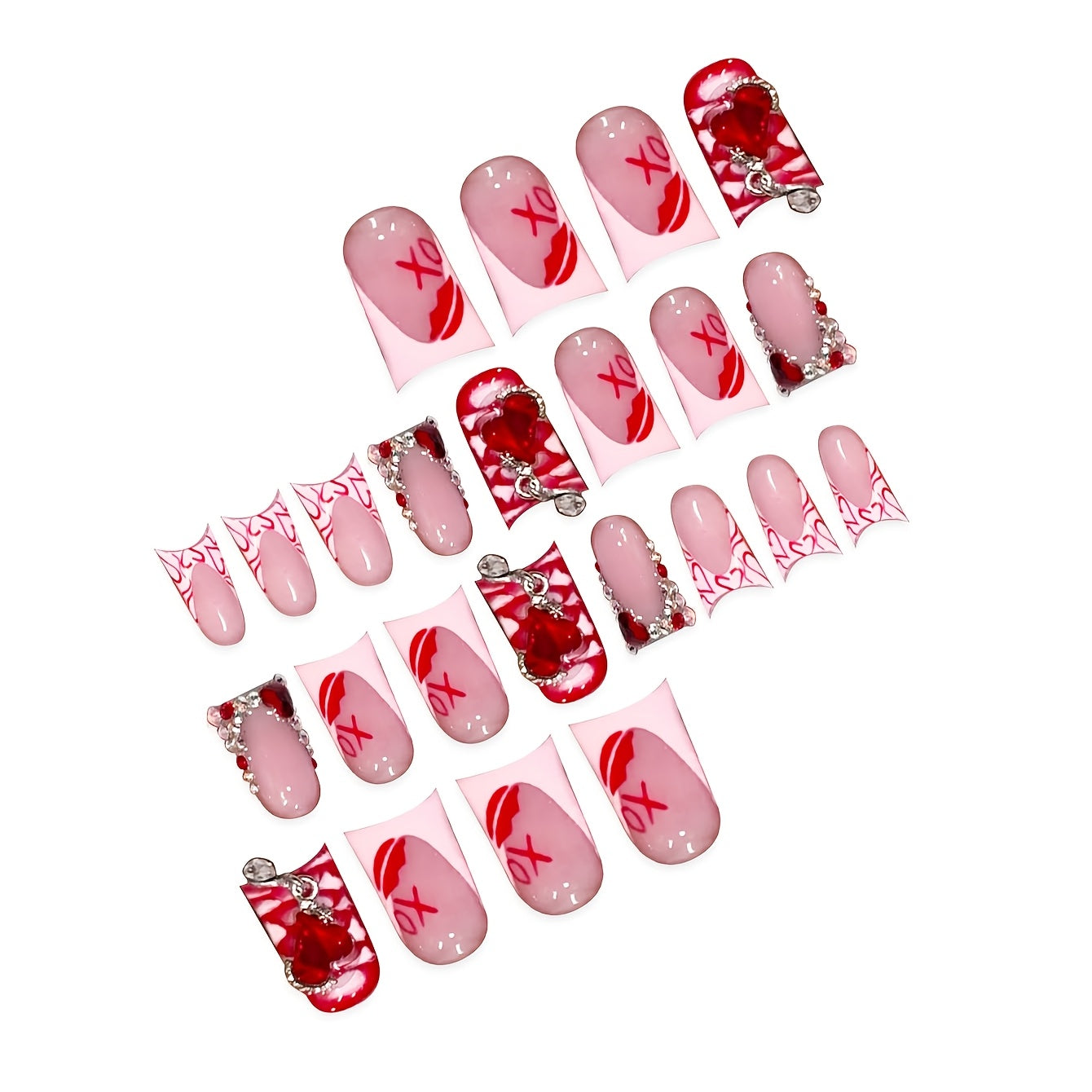 [24pcs Luxury Press-On Nails] 24pcs Luxury Red Duckbill Press-On Nails Set | French Romantic Valentine's Day Sweet Heart & Red Lip Gems, Short Length, Glossy Finish, Easy to Apply with Nail File & Jelly Glue Included