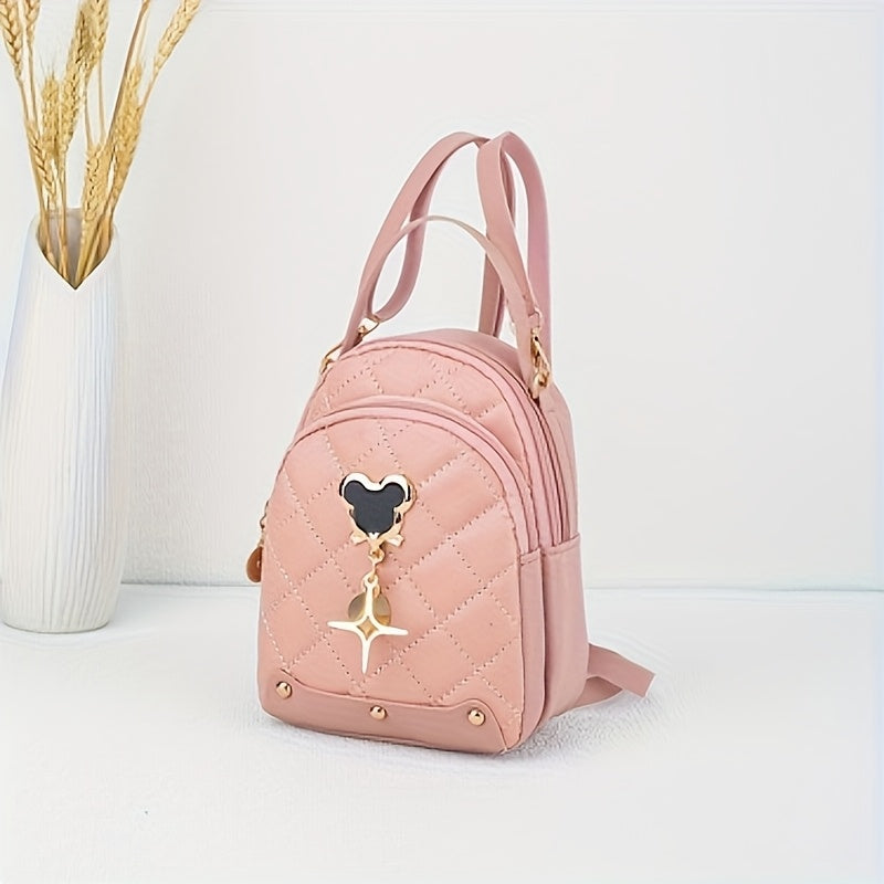 s Rhombus Backpack, Golden-Tone Hardware - Black/Pink/White, Mouse Pad Keychain Lock Compatible, Durable Adjustable Strap & Zipper Closure, Golden-Tone Plaque for Keys, Casual Handbag for Travel, Everyday Use (Poly, for Teena