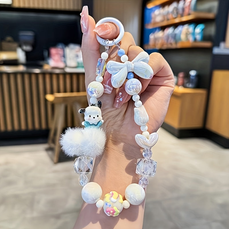 Sanrio Licensed Mobile Phone Lanyard Wrist Strap - Pastel Pink/Purple Multi-Bead Design with Bow/Tulip/Cartoon Avatar/Square Beads & Fluffy Ball Decor, Cute Sanrio Cartoon Doll Charm for Daily Commute/Shopping/Gifting (Girls'