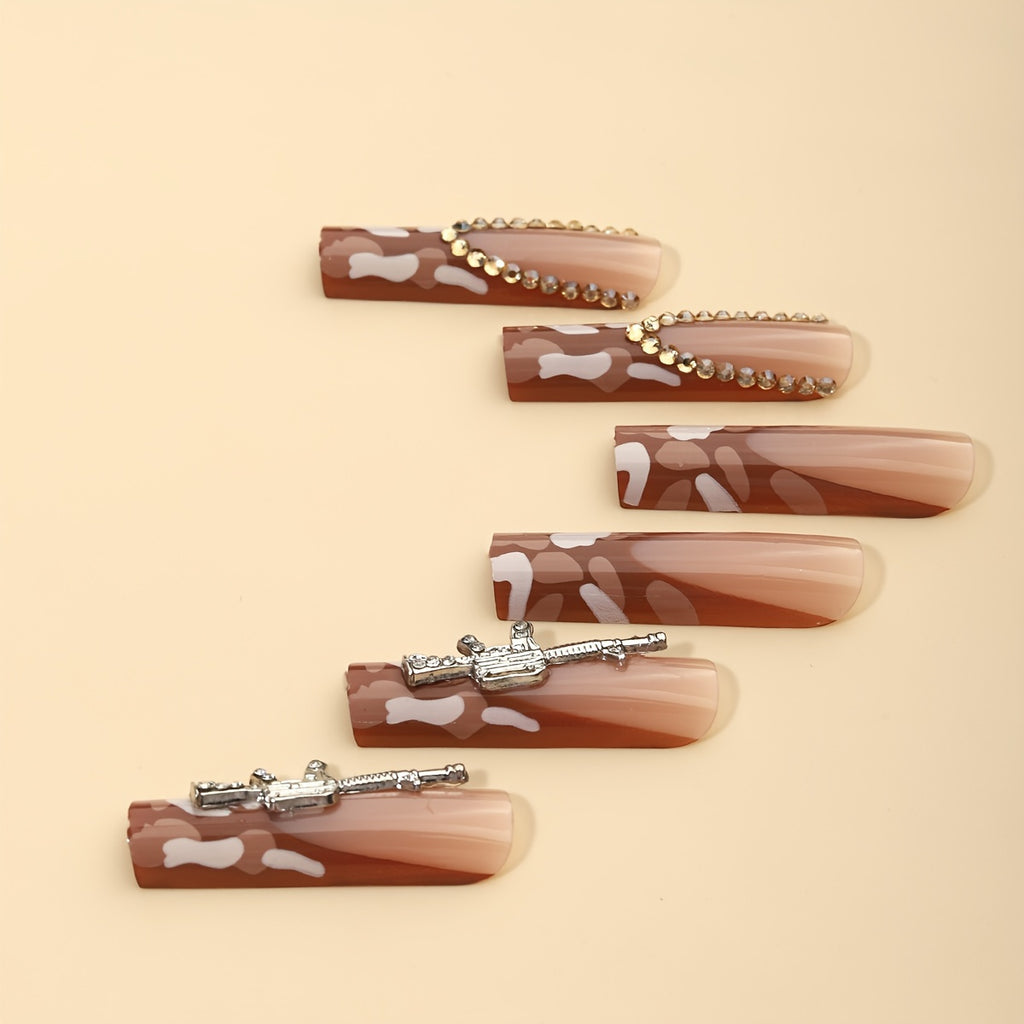 24pcs Luxury Coffin Shape False Nails Set - Mixed Color System, Super Long Square Nail Tips, Champagne Rhinestones, Shark Teeth Design, Glossy Finish, Nail File & Jelly Glue Strip Included, Perfect for Salon or Personal Use