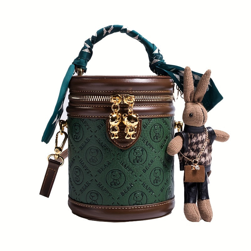 Mini Bear Cylinder Handbag, Scarf Decor Crossbody Bag, Women's PU Leather Bucket Bag