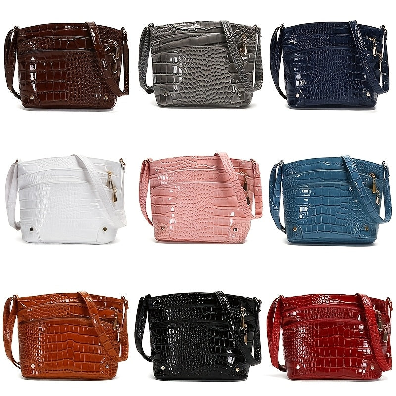 Shiny Crocodile Pattern Women'S Bag, PU Soft Shoulder Bag, Multi-Layer Crossbody Bag, Stylish And Versatile Large Capacity Bucket Bag.