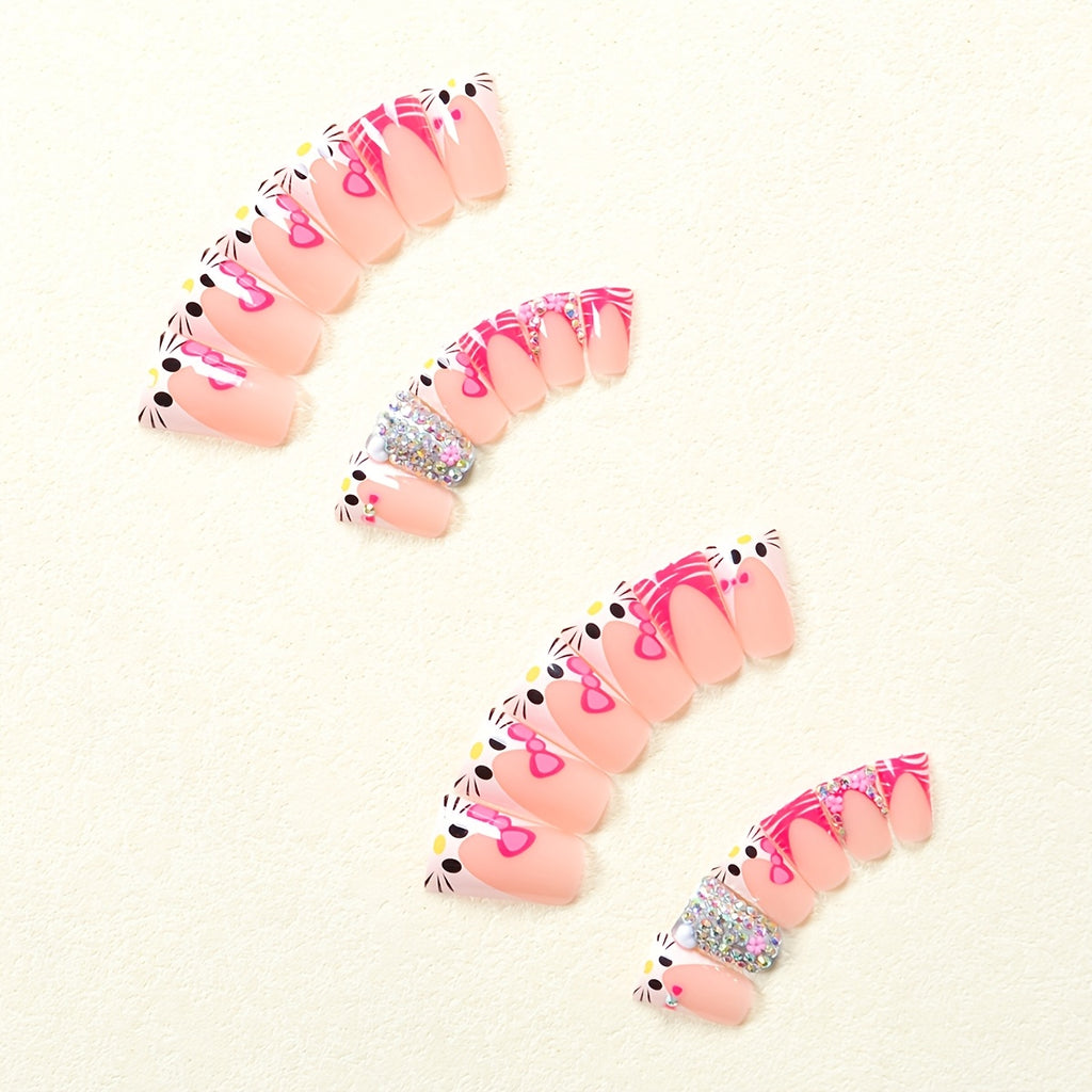 24pcs Duckbill Nail Stickers Sanrio Cute for hello kitty Pattern French 3D Colorful Glitter White Heart Rhinestone Pink Flower Rhinestone Long Nail Set with: One Piece of Jelly Glue and One Piece of Rubbing Strip Fashion Dail