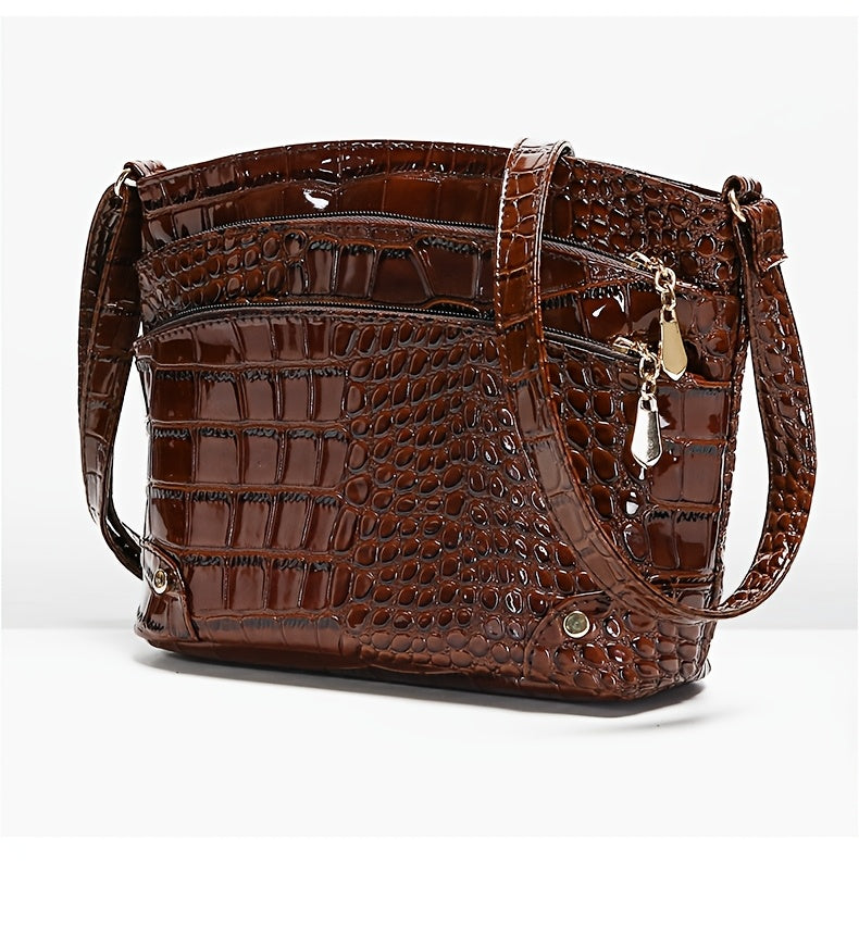 Shiny Crocodile Pattern Women'S Bag, PU Soft Shoulder Bag, Multi-Layer Crossbody Bag, Stylish And Versatile Large Capacity Bucket Bag.