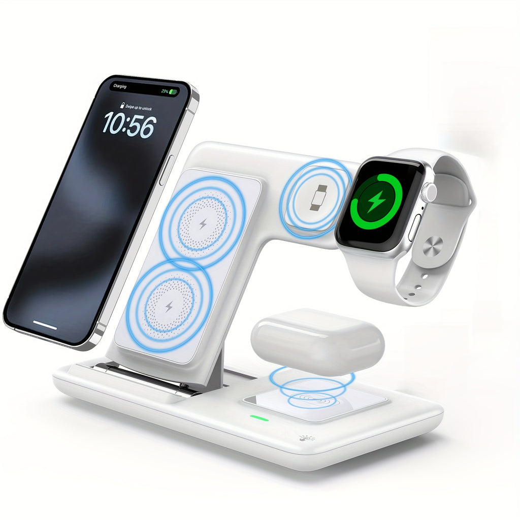 [3-in-1 Wireless Charger] 3-in-1 Magnetic Wireless Charging Station for iPhone 15/14/13/12/11/Pro/Max/Mini/Plus, X, XR, XS/Max, SE, 8/Plus, iWatch 1-9 & AirPods 3/2/Pro - USB Charger with Adjustable Stand, Compact Design, No