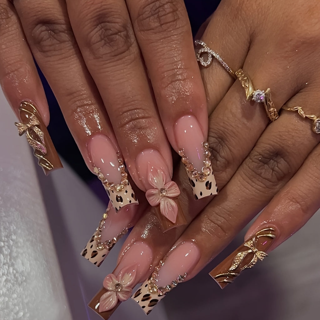 24pcs Elegant Drop-Shaped Long Press-On Nails Set, Glossy Nude & Brown Tone, with 3D Floral & Butterfly Knot Design, Leopard Print & Glitter Accents, Includes Nail File and Jelly Glue, for Women and Girls