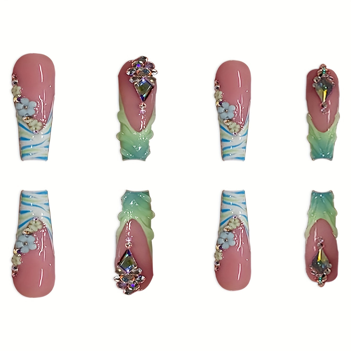 A Set of 24 Press-On Fake Nails Featuring Green 3D Flowers And Rhinestones, Along with Long Ballet-Shaped Nails in Green French Stripes. These Stylish Press-On Nails Come with a Nail File And Jelly Glue, Suitable for Everyday