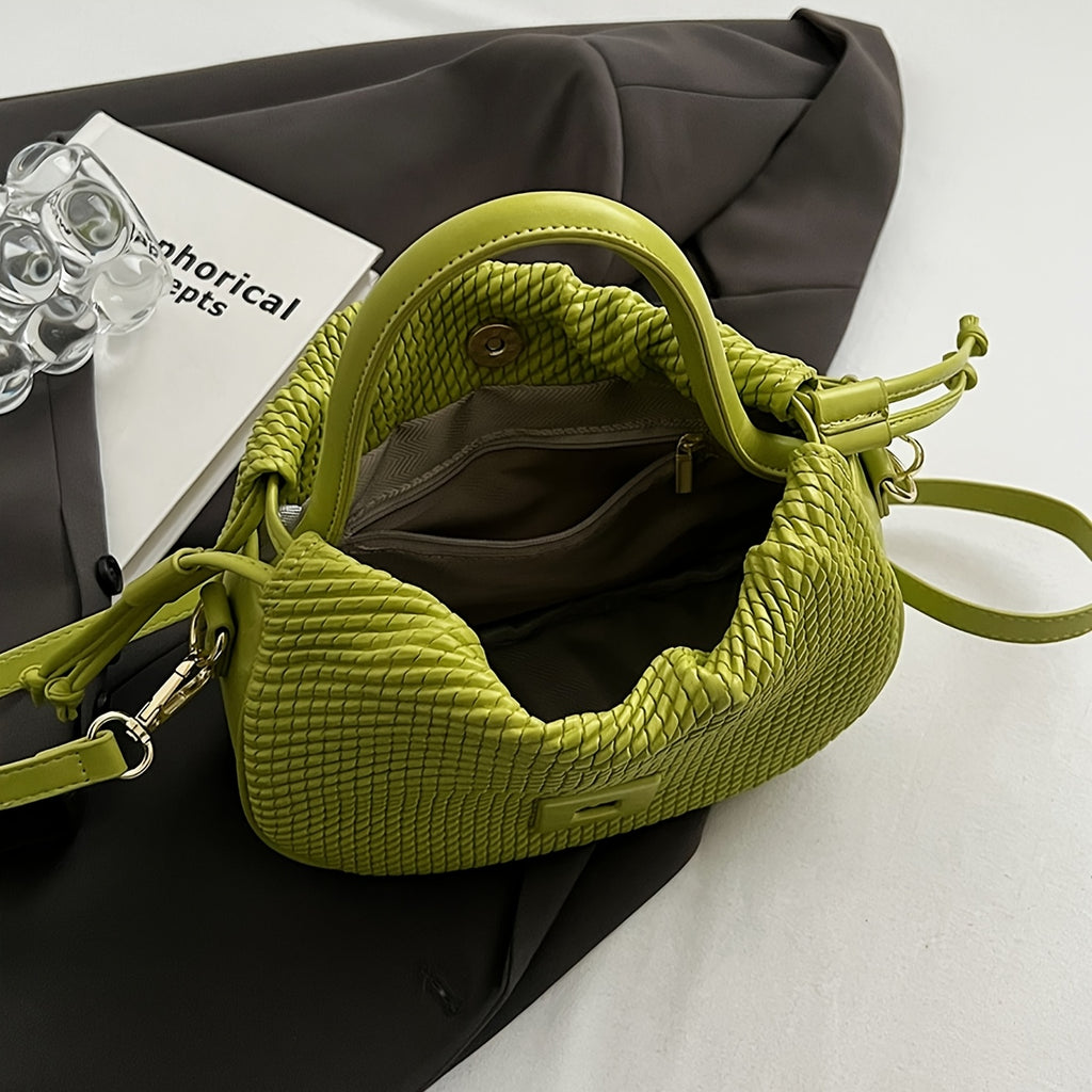 Elegant Lime Green Women's Handbag - Chic Woven Texture, PU Material with Drawstring Closure, Stylish Small Tote for Everyday Use, Cute Purse