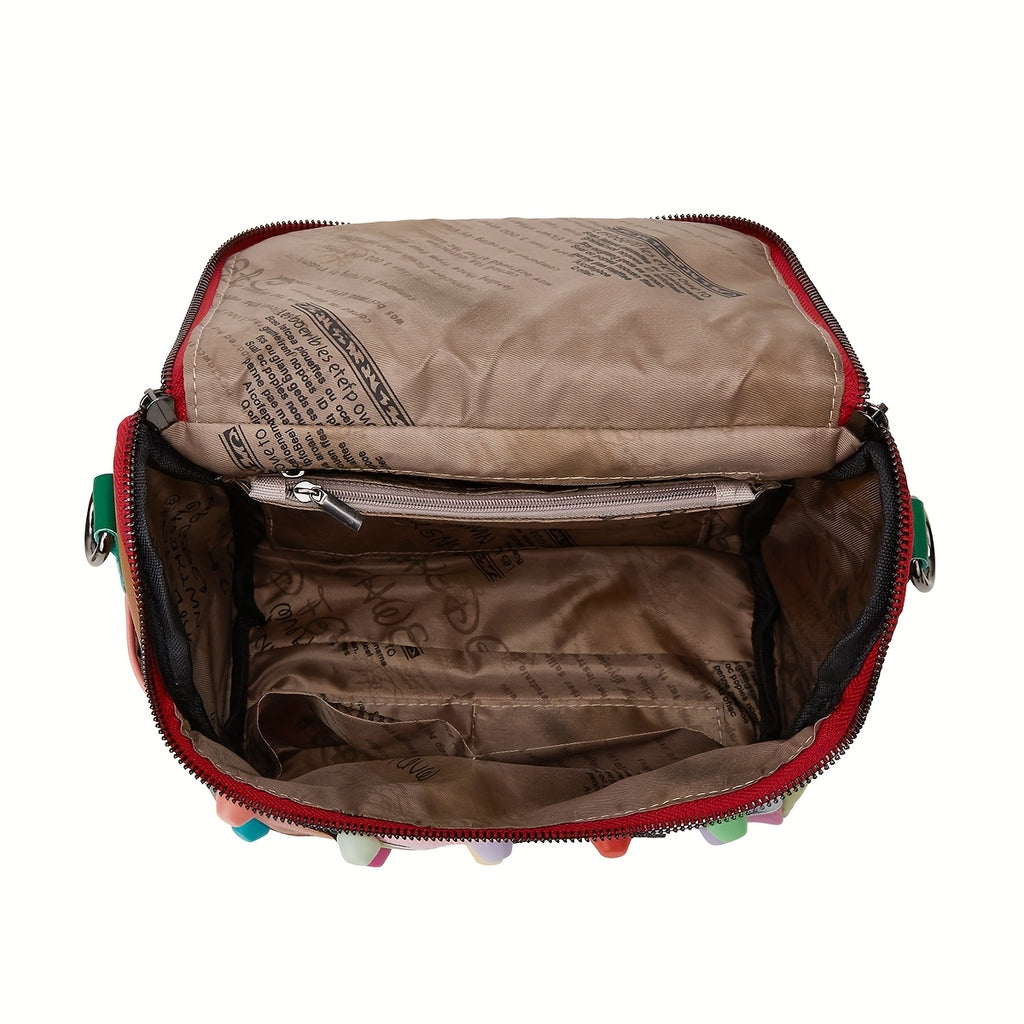 [Geometric Crossbody Bag] Light Brown Geometric Women's Crossbody Bag | Detachable Strap, Multi-Color Irregular Design, Zipper Closure, Spacious Tote with Back Pocket & Rivet Accents, Polyester Lining for Daily Commute & Casu