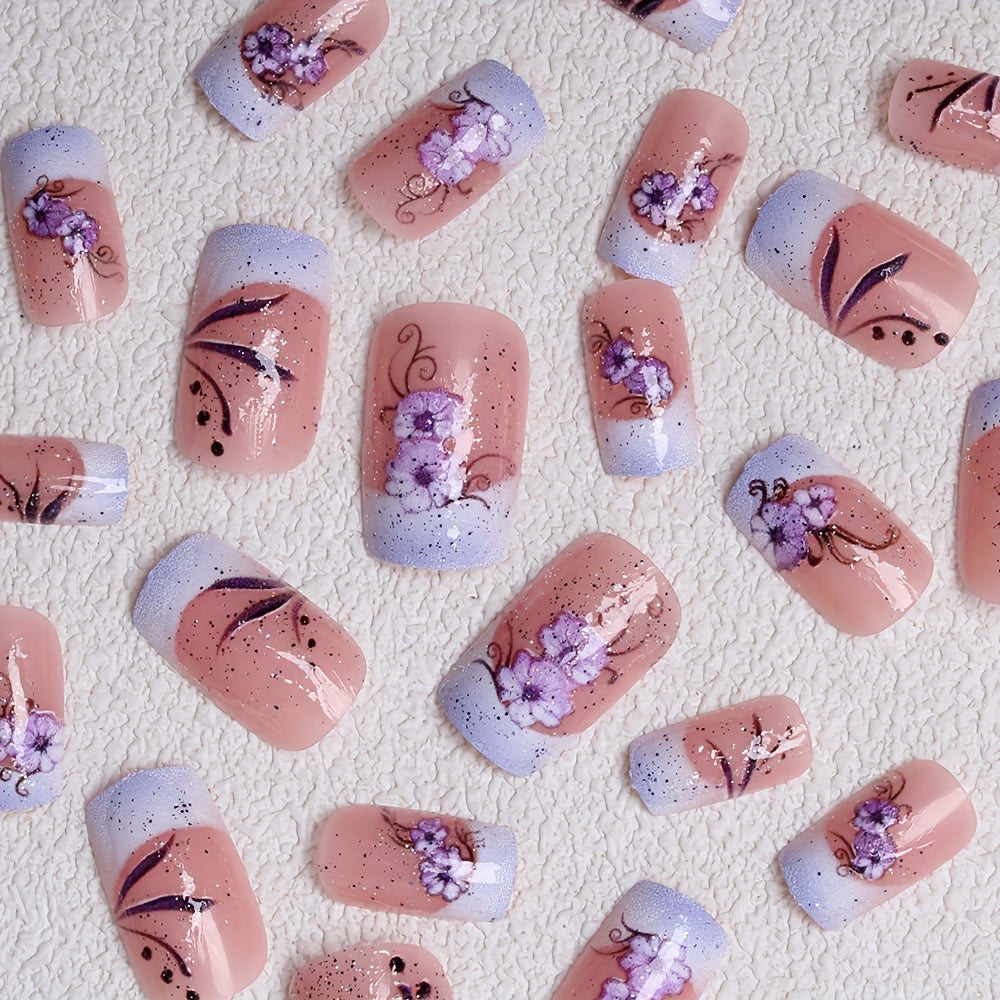 24pcs Square Press-On Nails - Purple Floral Design with Lavender to Pink Gradient, Medium Length Glossy Fake Nails for Women & s, Elegant Spring-Inspired Nail Art for Casual Attire or Special Occasions, Nails Accessories, Dec