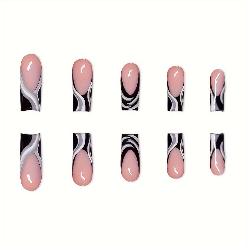 [Trendy Nail Designs] Box of 24 European & American Press-On Nails, Gorgeous & Cool Mixed Black, White & Gray, High-End Design, Medium Square Style, Suitable for & Women, Daily Wear, Gift with 1 Jelly Glue & 1 Nail File, Quic