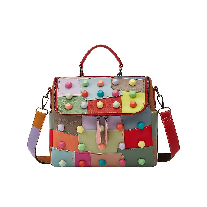 [Geometric Crossbody Bag] Light Brown Geometric Women's Crossbody Bag | Detachable Strap, Multi-Color Irregular Design, Zipper Closure, Spacious Tote with Back Pocket & Rivet Accents, Polyester Lining for Daily Commute & Casu