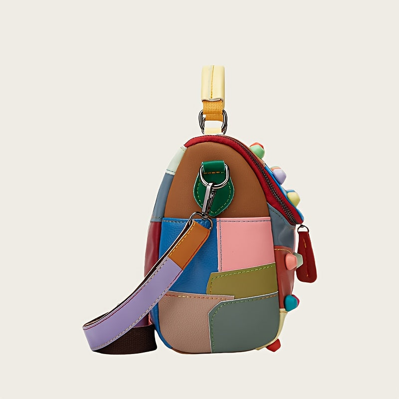 [Geometric Crossbody Bag] Light Brown Geometric Women's Crossbody Bag | Detachable Strap, Multi-Color Irregular Design, Zipper Closure, Spacious Tote with Back Pocket & Rivet Accents, Polyester Lining for Daily Commute & Casu