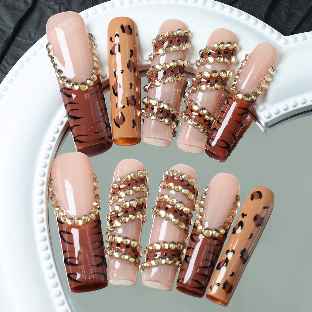 10pcs Handmade Press-On French Nails - Leopard Print & Striped Design with Sparkling Rhinestones, Ultra-Long Square Glossy Fake Nails for Cosplay, Weddings, Christmas - Perfect Gift for Mom, Nail Decorations, Party Accessorie