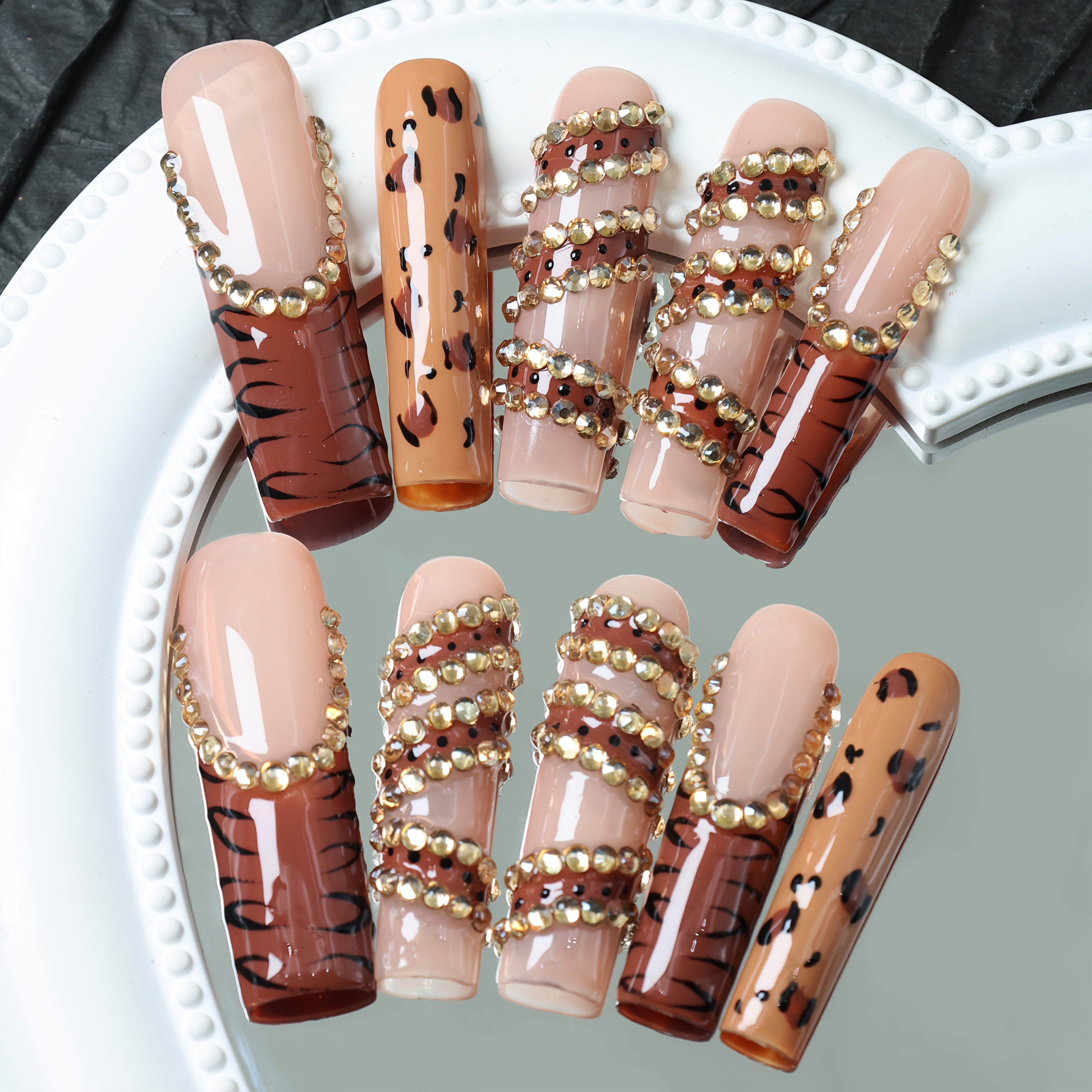 10pcs Handmade Press-On French Nails - Leopard Print & Striped Design with Sparkling Rhinestones, Ultra-Long Square Glossy Fake Nails for Cosplay, Weddings, Christmas - Perfect Gift for Mom, Nail Decorations, Party Accessorie