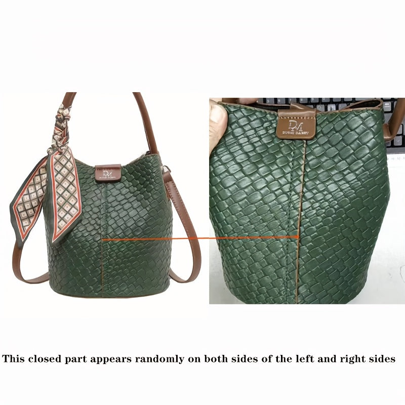Women's Woven Bucket Handbag & Crossbody Bag - Golden-Tone Hardware, ic Closure, Detachable Strap - Deep Brown/Beige/Green/Black - Elegant Tote for, Travel, Formal Events - Durable Wipe-Clean