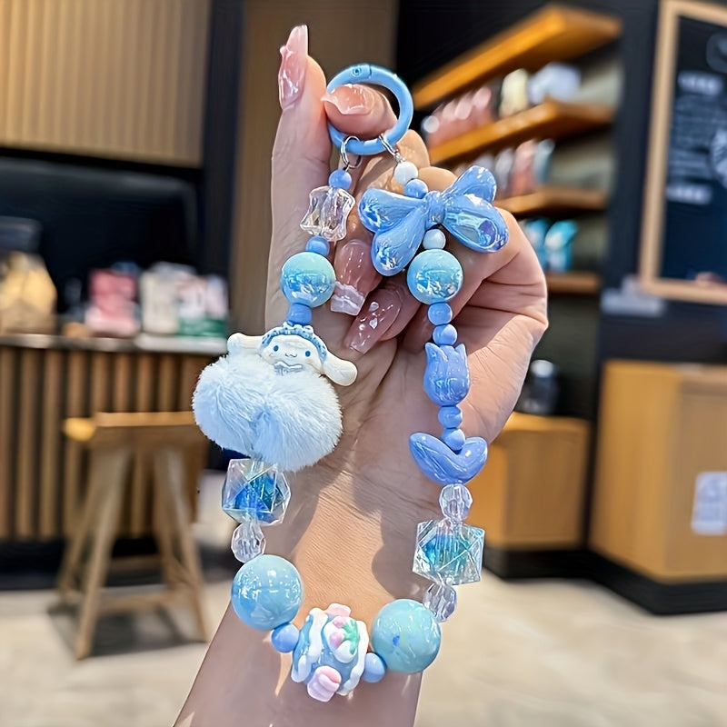 Sanrio Licensed Mobile Phone Lanyard Wrist Strap - Pastel Pink/Purple Multi-Bead Design with Bow/Tulip/Cartoon Avatar/Square Beads & Fluffy Ball Decor, Cute Sanrio Cartoon Doll Charm for Daily Commute/Shopping/Gifting (Girls'