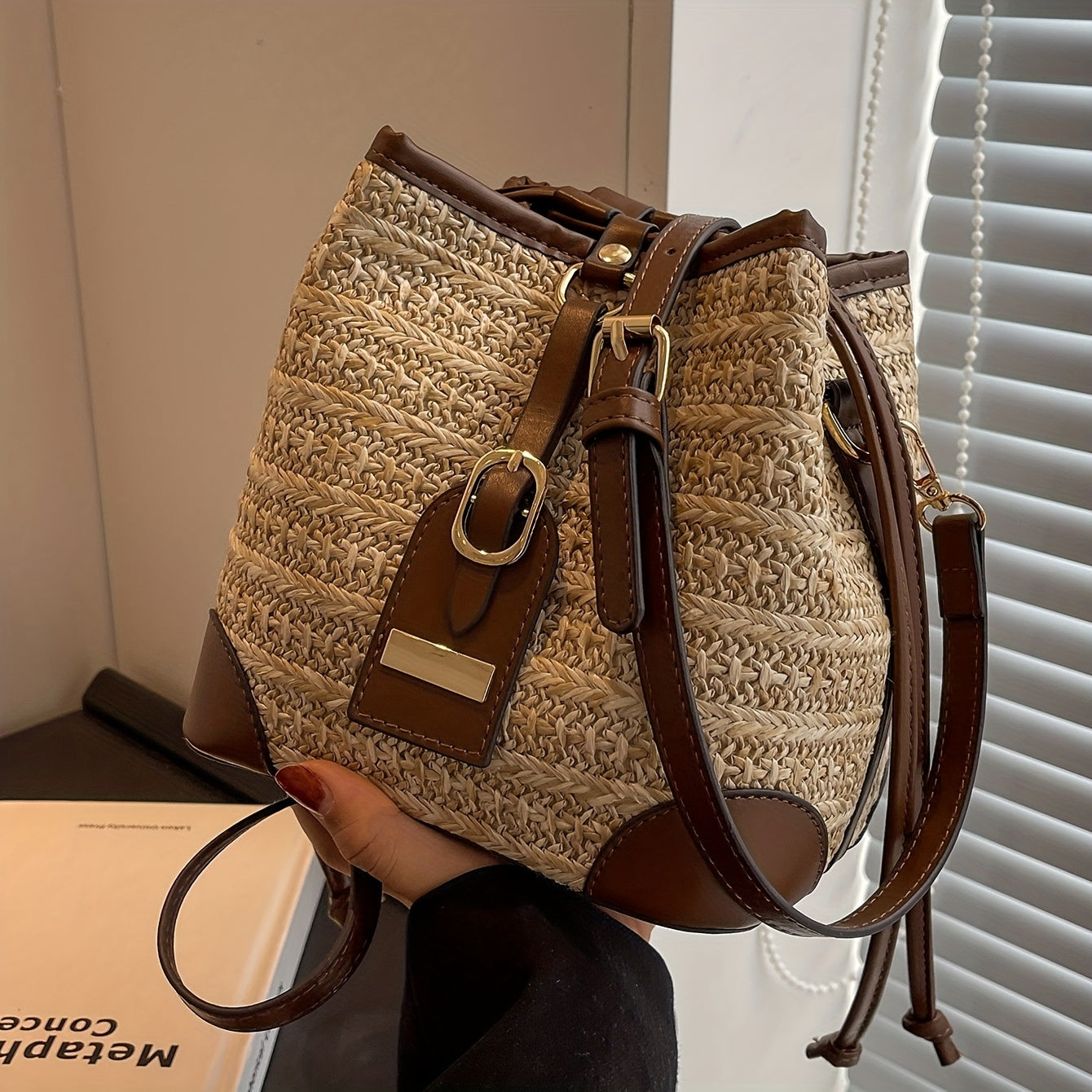 LABOONOO Women's Geometric Straw Bucket Bag - Hemp Crossbody Shoulder Purse with Adjustable Drawstring Closure, Beige & Brown Boho-Chic Design for Casual & Formal Occasions, Crossbody Purse