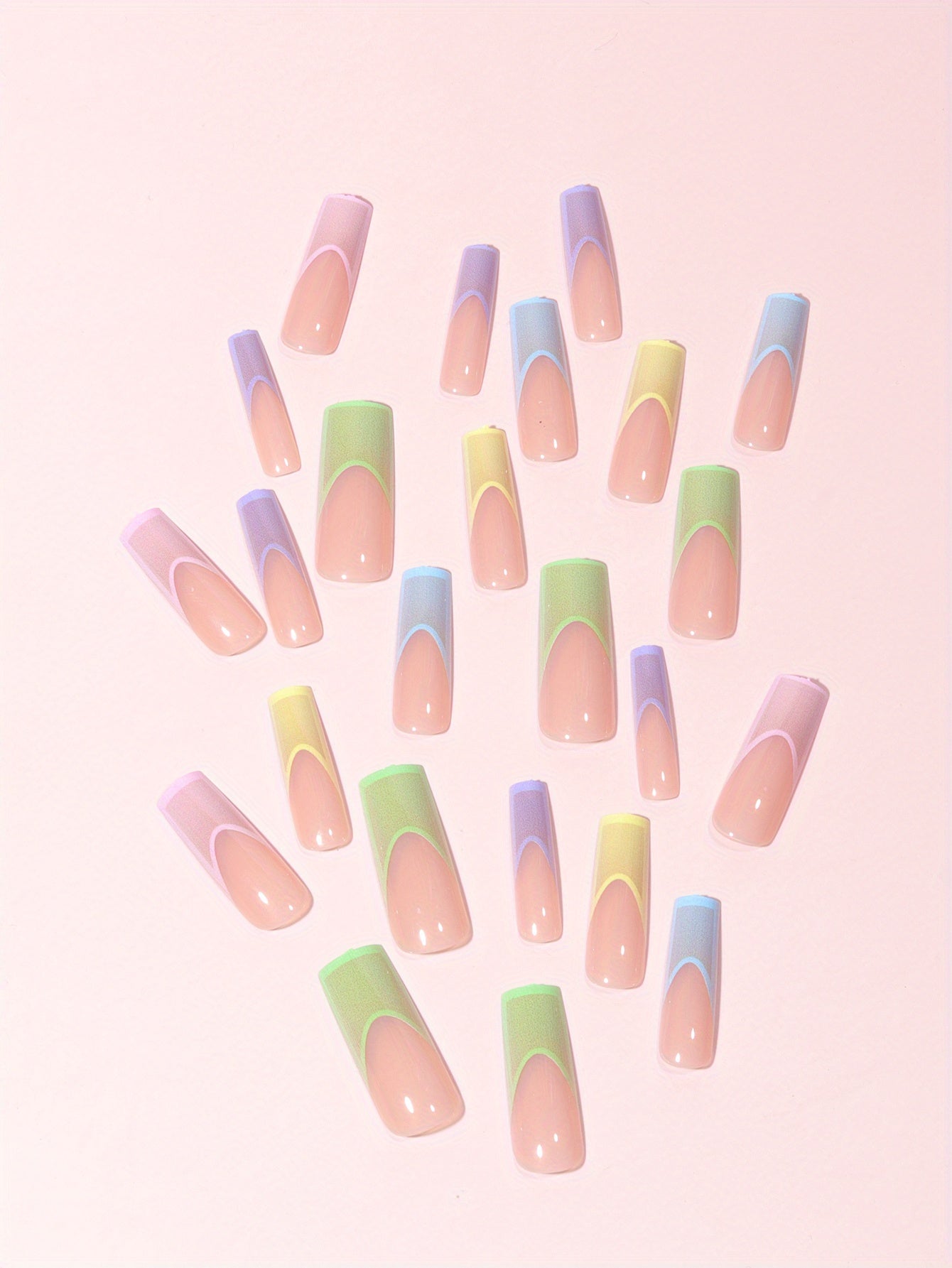 24 Long Coffin-Shaped Glossy Multicolored French ABS Full Cover Fake Nails with 1 Nail File And 1 Jelly Glue.