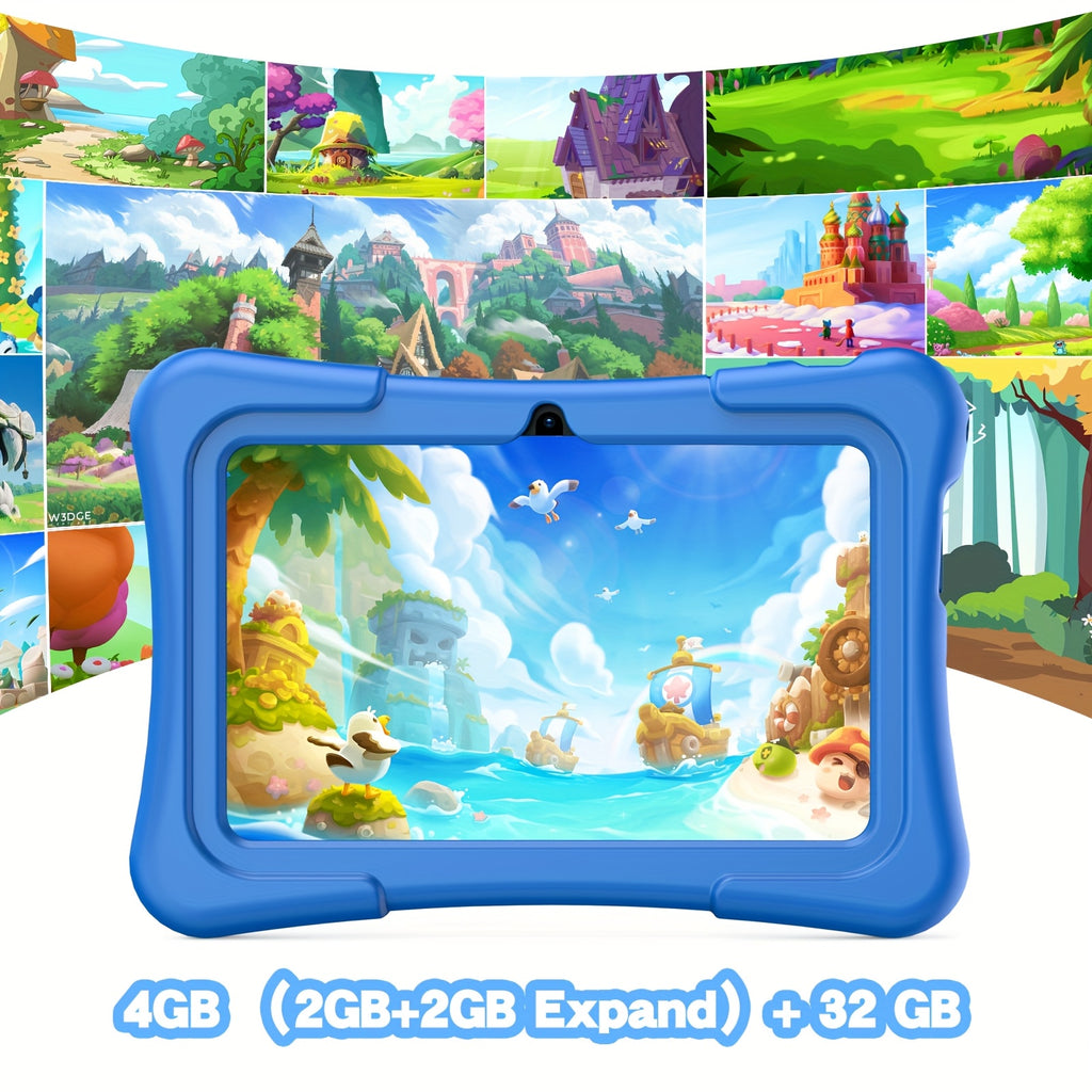 Android 13 7-Inch Kids Portable Tablet with Case 4GB (2GB+2GB Expandable) RAN+32GB ROM, Support 1TB Expandable, Quad-Core Processor, HD Display, Dual Camera, Dual WiFi (2.4G+5G), 2025 New Boys and Girls Gifts