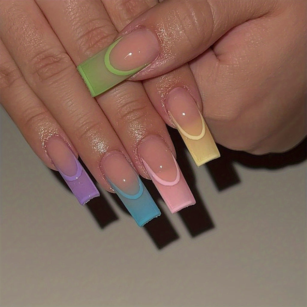 24 Long Coffin-Shaped Glossy Multicolored French ABS Full Cover Fake Nails with 1 Nail File And 1 Jelly Glue.