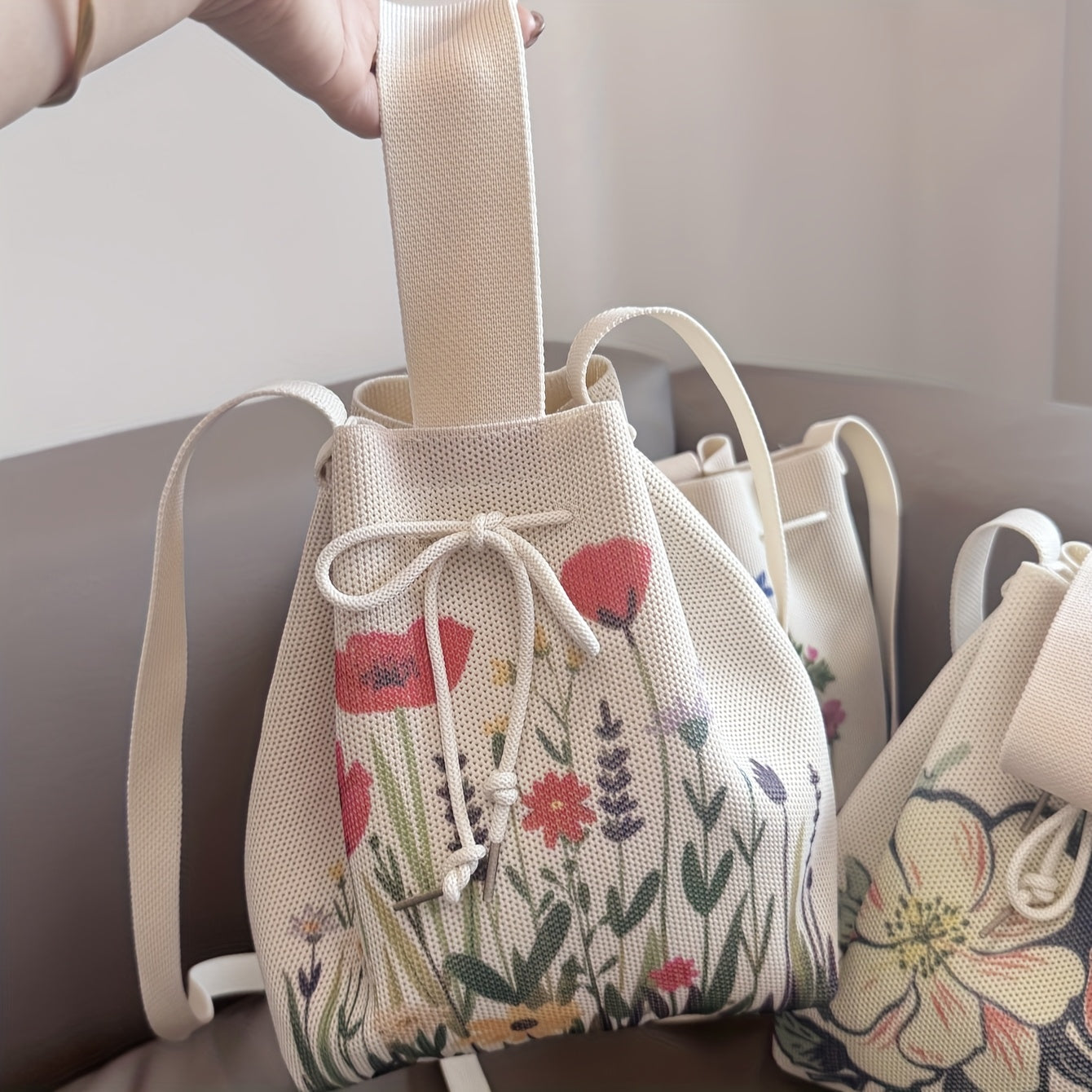 Floral Print Knit Drawstring Bucket Bag – Elegant Polyester Crossbody & Shoulder Bag for Women, Beige with Vibrant Floral Designs, Perfect for Daily Use or Shopping, Versatile Carryall | Lightweight Construction