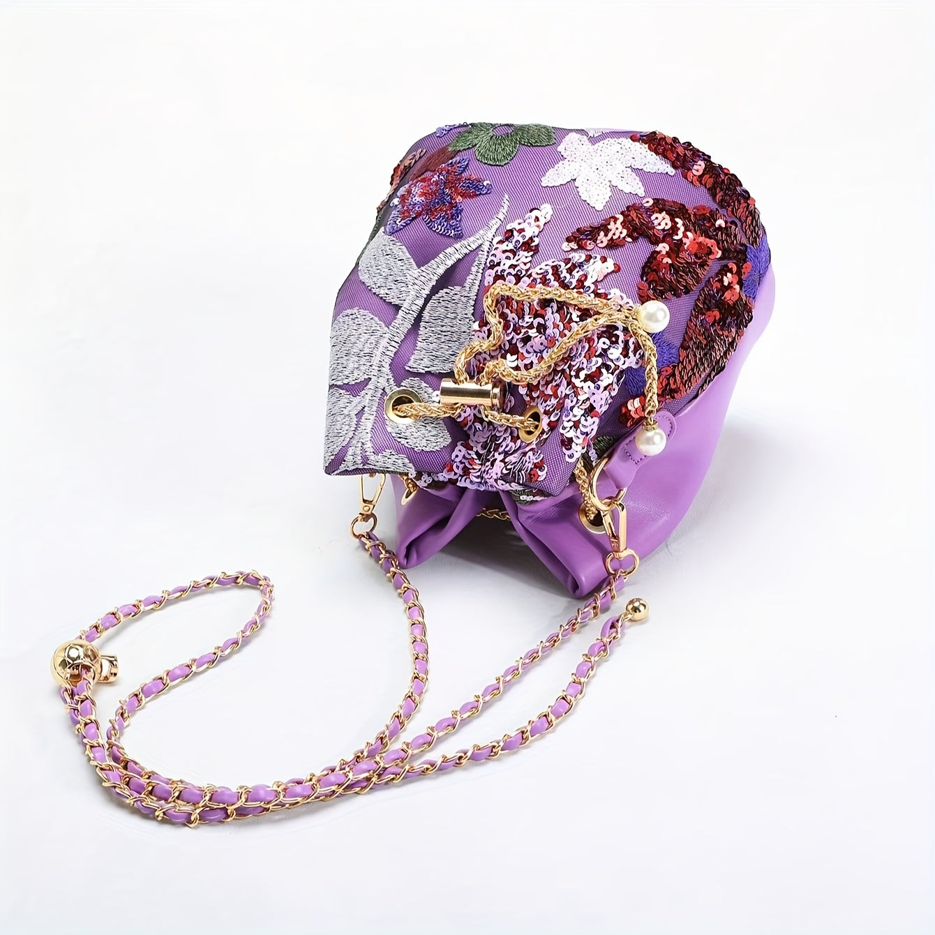Elegant Retro Chinese Style Floral Sequin Bucket Bag for Women - Nylon Crossbody with Golden Chain Strap, Drawstring Closure, and Vibrant Purple & Red Patchwork Design, Ladies Bag