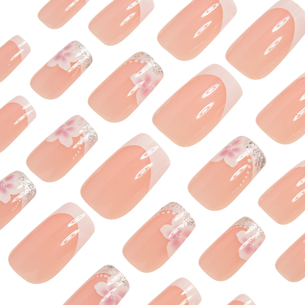 24pcs Glossy Chinese Square False Nails Classic Versatile Nude False Nails French High-end White French Press-on False Nails Spring White Pure Flowers Shiny Silvery Powder Full Coverage False Nails Nail DIY Suitable for Sprin