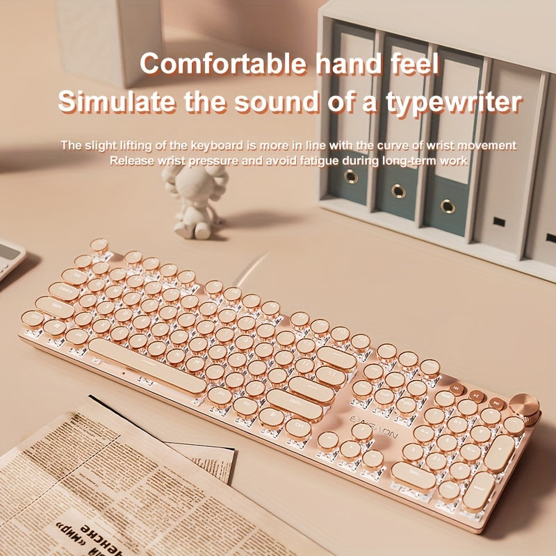 EWEADN Mechanical Gaming Keyboard Typewriter Style, 104 Keys Punk Wired Keyboard Retro, Office Keyboards Full Size LED Backlit, With Multimedia Knob, Ergonomic Design For Game And Office, For Windows Laptop PC/Tablet