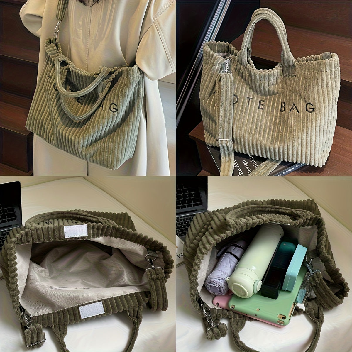 Women's Corduroy Tote Bag with Adjustable Strap & Closure - Soft Large Capacity Handbag for, Phone & Wallet - Corduroy Purse in,,,, | Gift-Ready for //Casual Use -