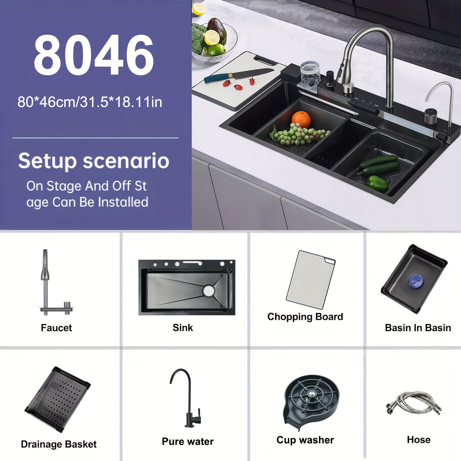 Digital Display Waterfall Sink, Single Bowl Kitchen Sinks, Stainless Steel Bar Sink With Pull Down Sprayhead Faucet, Smart Modern Kitchen Sink, Full Set Of Accessories, Gun Gray & Brushed Golden, 1 Set