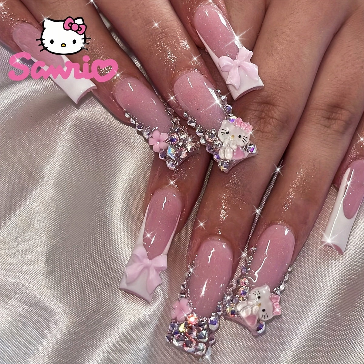 24-Piece Set of Super Long Square Shaped Glossy Press On Nails - Featuring Hello Kitty 3D Glitter Charms, Pink Floral Patterns, and Bow Embellishments for Glamorous Daily Use, Dates, and Parties - Includes Easy-Apply Jelly Ad