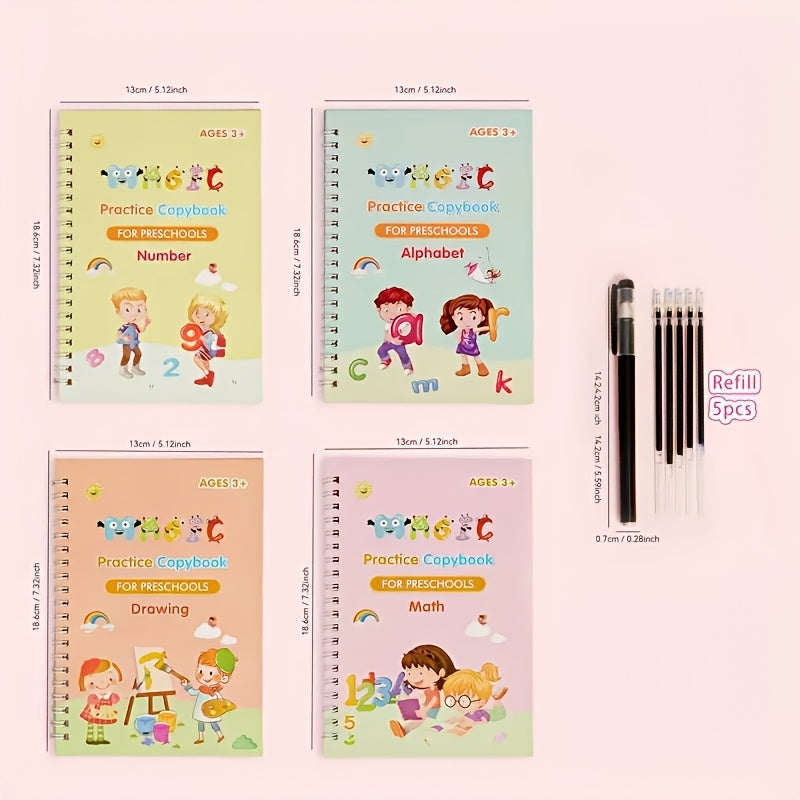 4 Books + 1 Refillable Magic Practice Book + 1 Pen + 5 Pen Refills + Erasable Stickers, Reusable, Mixed Color, Made of Paper, for Writing, Parent-Child Education, Boys and Girls