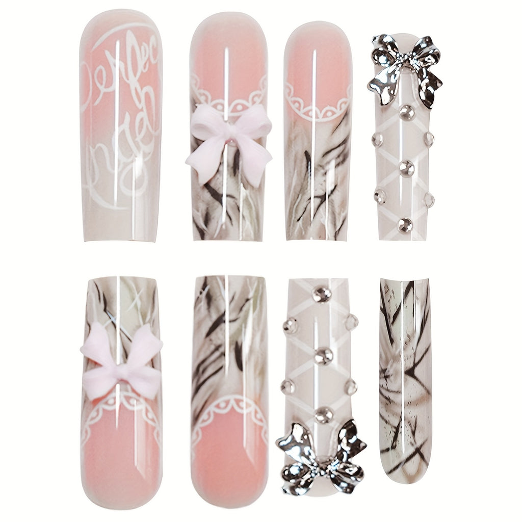 24pcs Long Teardrop Fake Nails Set with Sweet Cool Two-Tone Bow, Romantic Lace Edge Artistic Striped Sparkling Rhinestone Suitable for All Women and s - Includes Nail Files and Jelly Glue for Easy Application